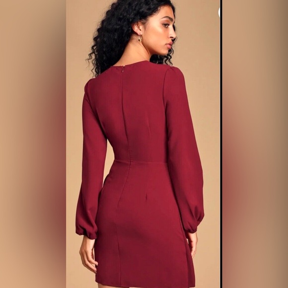 Lulu’s wine red skater dress with front tie wrap and long sleeves mid thigh - Picture 4 of 14